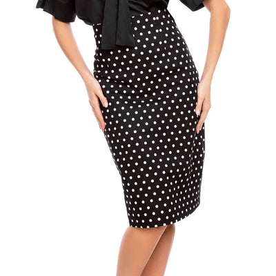 Dolly and Dotty Falda Pencil Skirt - Black/White Polka Dot model front cropped