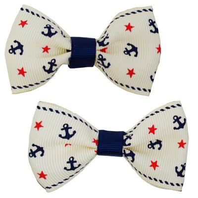 Hair Clips - Anchor Bows - Cream with navy tie