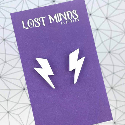 Lost Minds Earrings - Lightning Bolts - White Studs on card