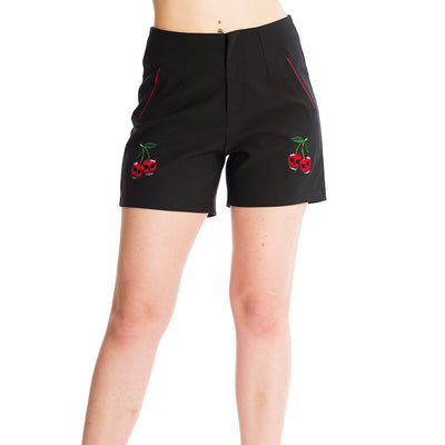 Black high waisted shorts with embraided skull cherry motif on left leg 