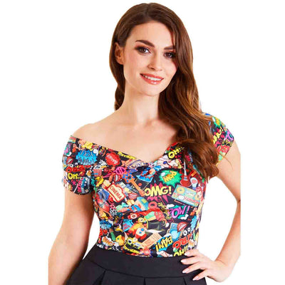 Girl with long hair in an off shoulder retro top with a couourful Pop Art print