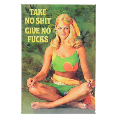 60s hippy girl siting with text " Take no shit, Give no fucks" on a fridge magnet