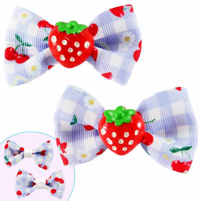 Strawberry Gingham Picnic Bows - Blue/White with strawberry resins