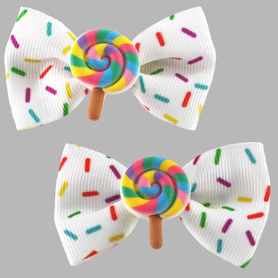 Set of two white sprinkle bow hair clips with lolly pop