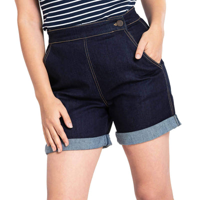 Image of Hell Bunny Yaz Denim Shorts - Navy Blue - standard model - front cropped