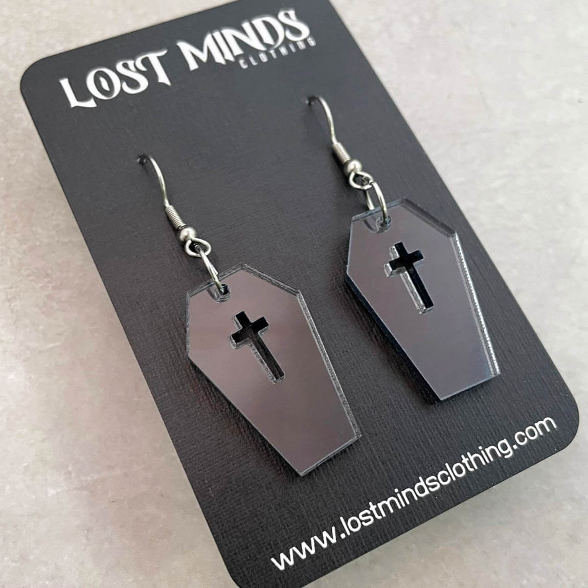 Lost Minds Earrings Gothic Mirror Coffin Charcoal Atomic Cherry