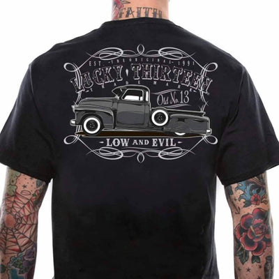 "Dragger" classic pickup truck design in two-tone grey with pinstriping and the test "Lucky Thirteen, Old No. 13, Low and Evil"