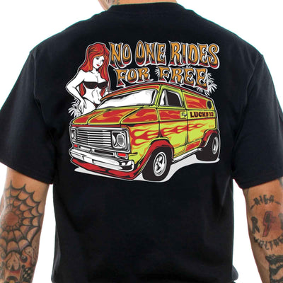 Luckt 13 T-shirt with a print of a 70s style van with flames painted on the side. 