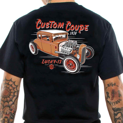 Lucky 13 Men's T-Shirt - Custom Coupe closer view of back print featuring a brown hot rod and "Custom Coupe 1930" text