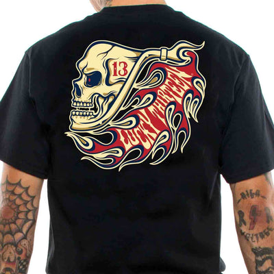Back of a Lucky 13 "Pipe Skull" t-shirt