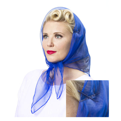 Image of model wearing Vintage Hairstyling Tidy Tresses Hair Scarf - Royal Blue