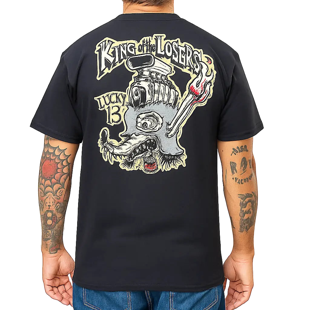 Person wearing a black t-shirt with a graphic design on the back, featuring text and a stylized graphic.