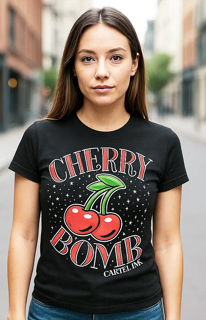 Woman wearing black Cartel Ink Cherry Bomb retro t-shirt with cherry graphic and vintage style lettering
