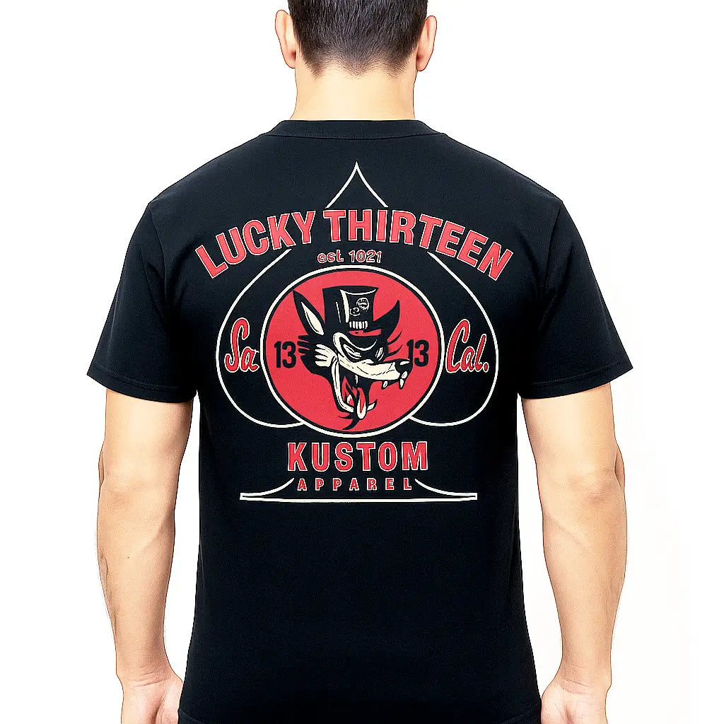 Back view of black Lucky Thirteen Wolfy Hot Rod T-shirt with red and white rockabilly custom design