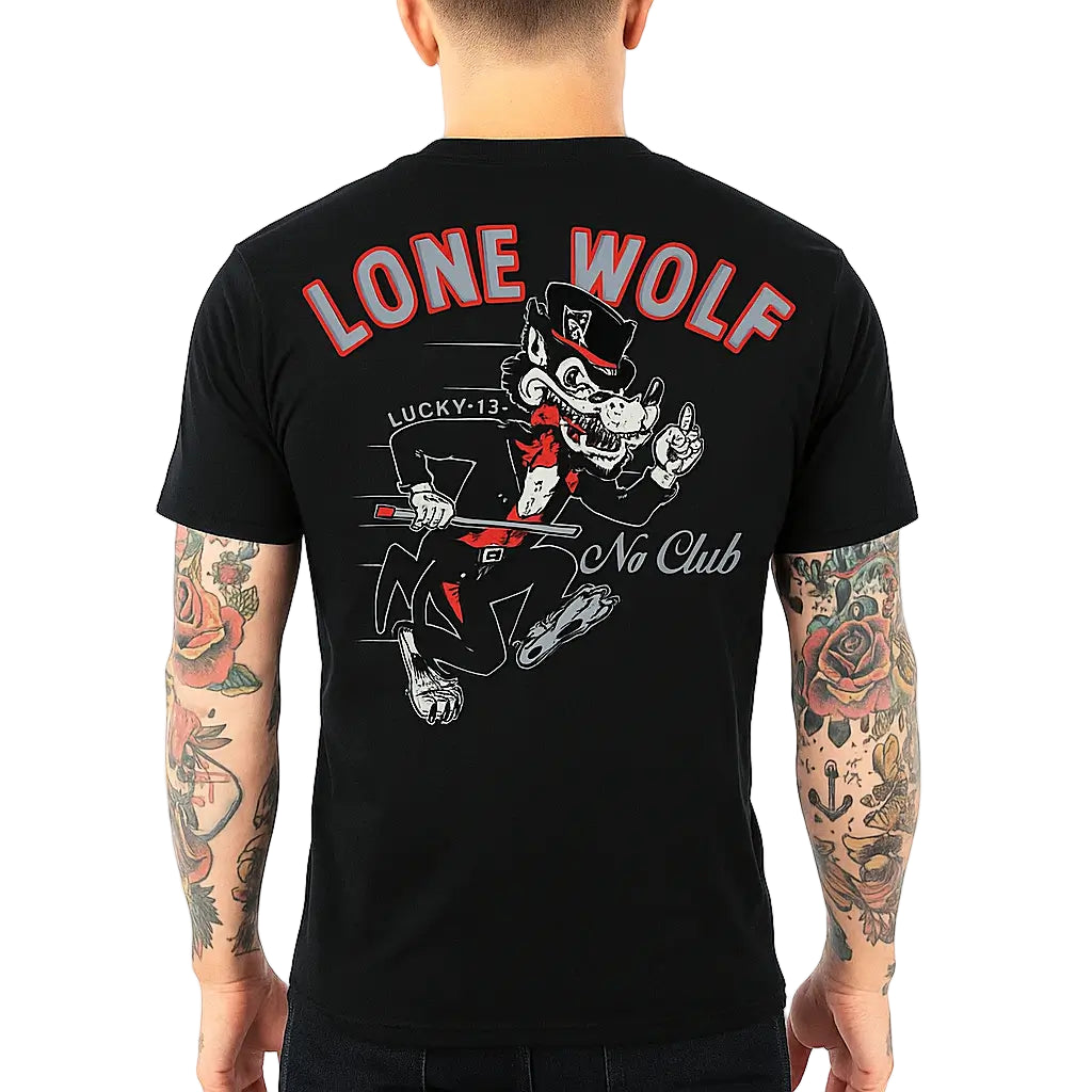 Black t-shirt with 'Lone Wolf No Club' graphic design on a white background