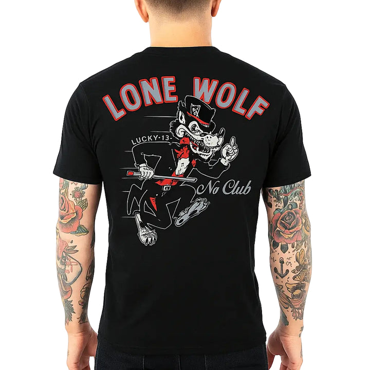 Black t-shirt with 'Lone Wolf No Club' graphic design on a white background