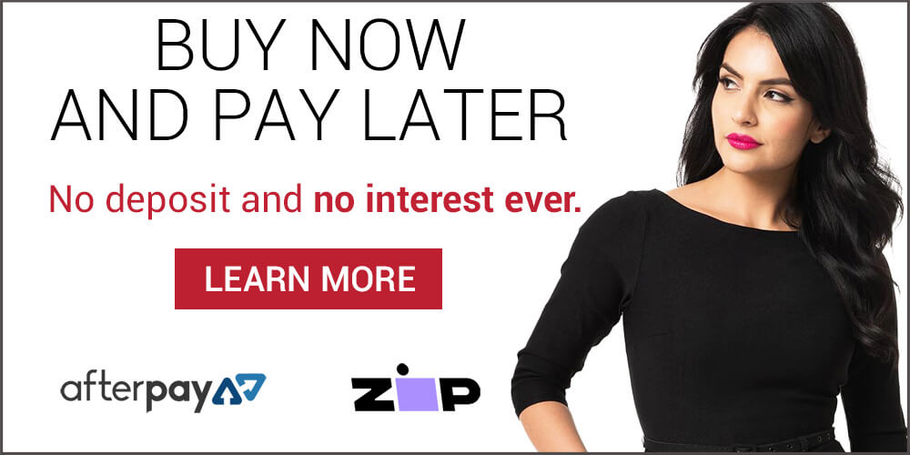 "Buy Now Pay Later" advertisement featuring a woman in a black dress.