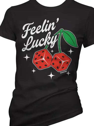 Image of a black t-shirt with bold feelin lucky print with fun dice that look like cherries
