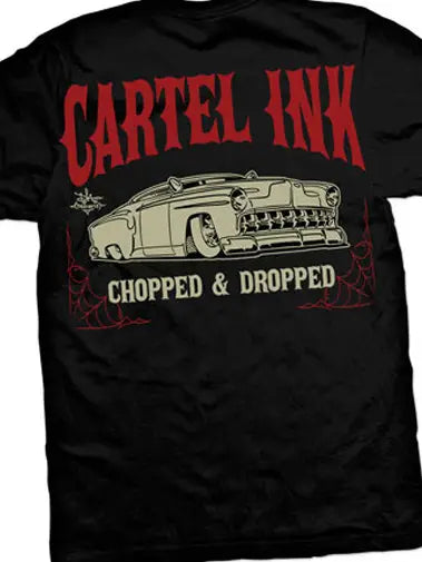 Image of cartel ink mens tshirt with a classic car and writing on the back