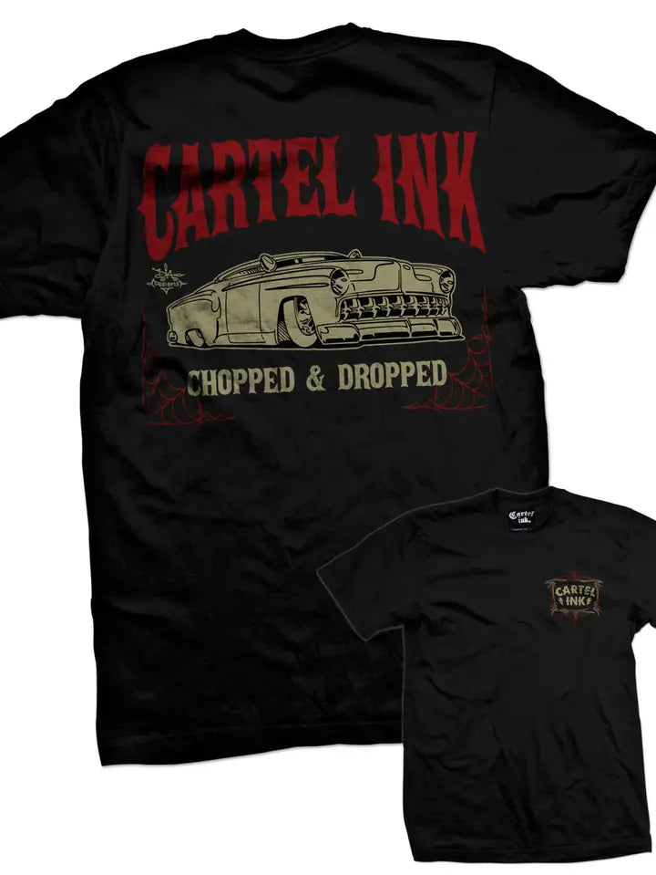 Front and back Image of cartel ink mens tshirt pin stripe writing on the left hand pocket area
