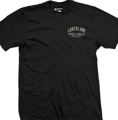 Black t-shirt with 'Cartel Ink' logo and text on a white background