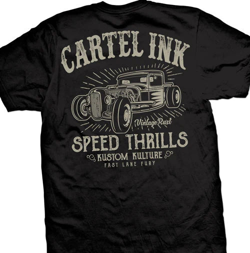 Black t-shirt with vintage hot rod graphic and 'Cartel Ink' text on a white background