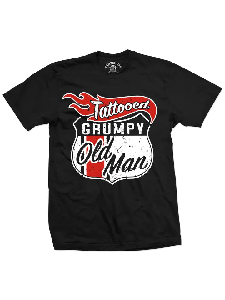 Image of a black t-shirt with a motive saying "Tattooed Grumpy Old Man" on the front