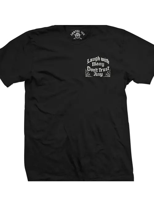 black shirt with laugh with many don't trust any writing on the left hand side pocket area