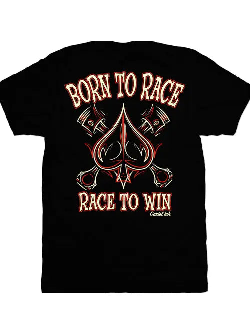 Back Image of a black t-shirt with bold "born to Race" printed and pin striping  on the back 