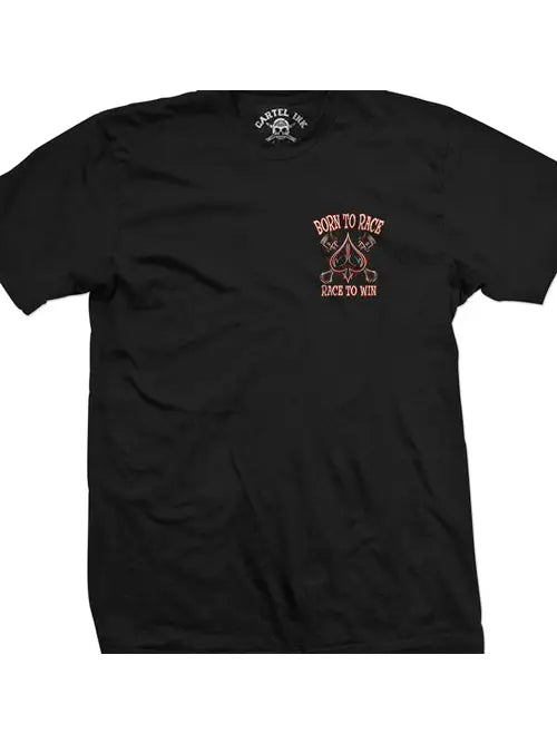 Image of a black t-shirt with bold "born to Race" printed and pin striping  on the front left chest area