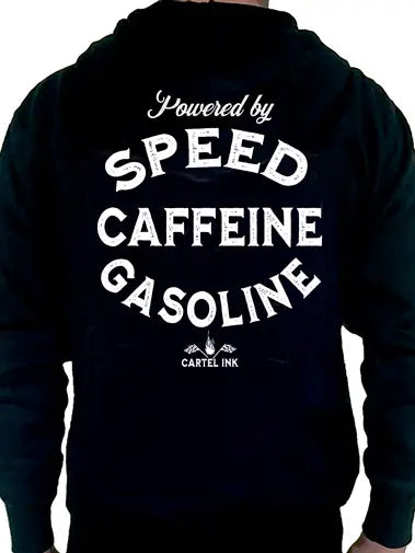 Back Image of a man wearing a black hoodie with bold print of Speed, Caffeine and Gasoline
