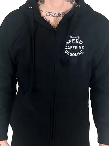 Front Image a man wearing a black hoodie with bold print of Speed, Caffeine and Gasoline on the left chest area
