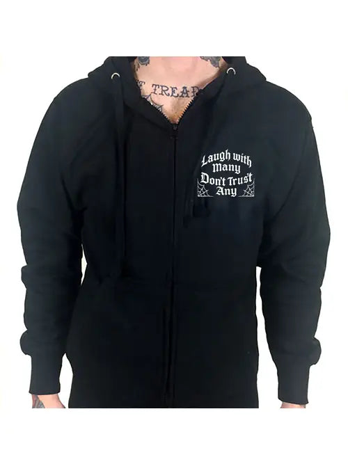 front image of a tattooed man wearing a black hoodie with bold print of "laugh with many dont trust any"  on the left chest area