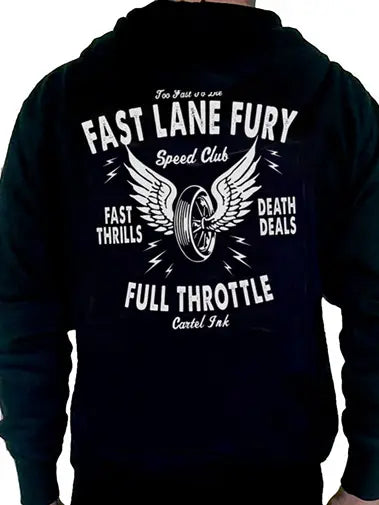 Back view image of a man wearing a black hoodie with bold print saying "Fast Lane Fury" 
