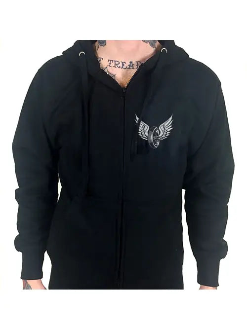front view image of a man wearing a black hoodie with bold print on f flying wheel on the left chest area
