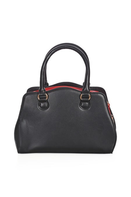 back view of black handbag with red inside