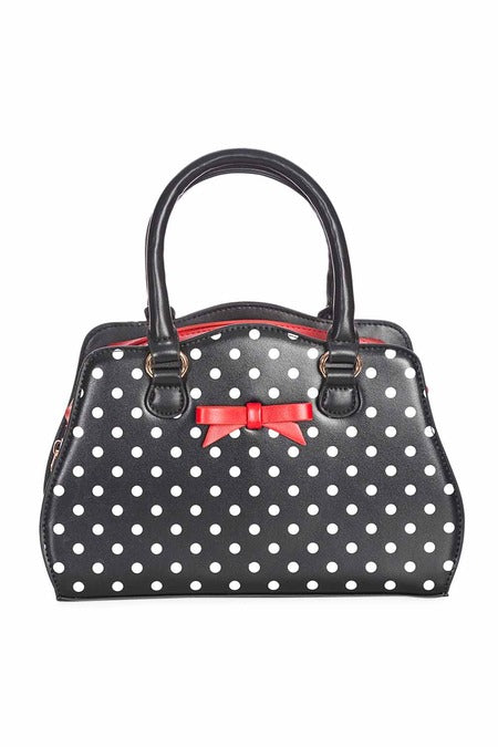 Black handbag with red bow and white polka dots