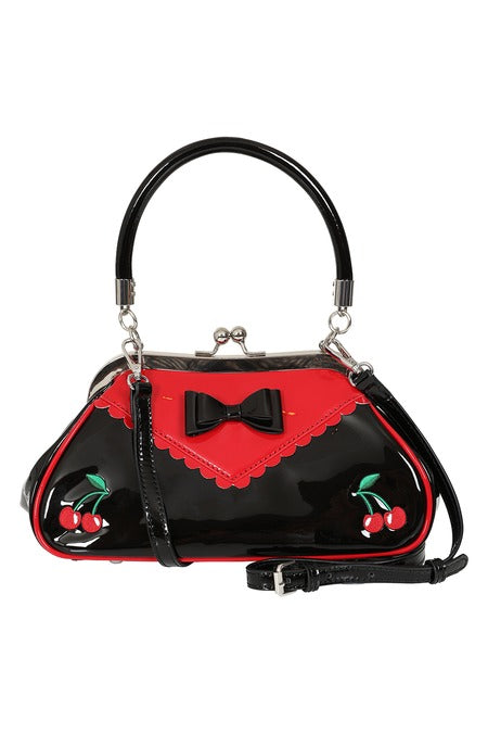 Shiny black and red bag with cherry detail and strap