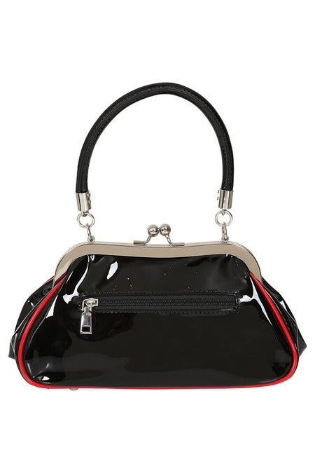 Back view Shiny black and red bag with cherry detail