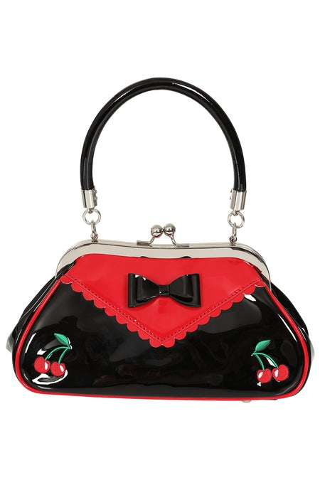 Shiny black and red bag with cherry detail