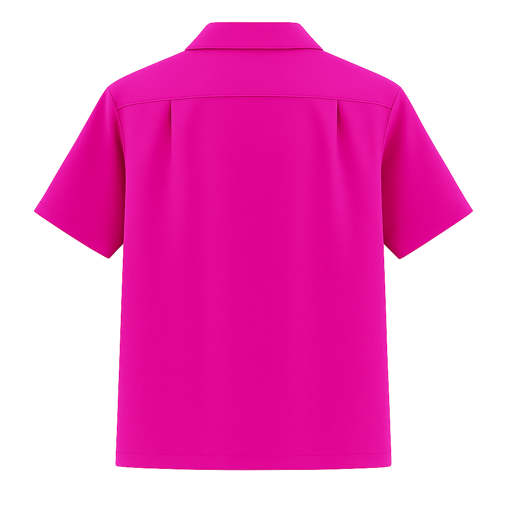 Back view of a bright pink Bowling shirt on a white background