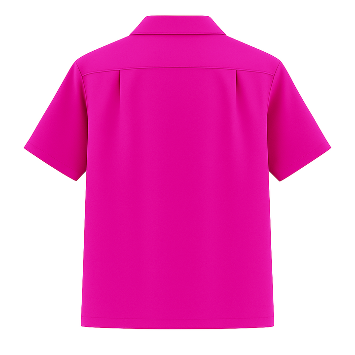 Back view of a bright pink Bowling shirt on a white background