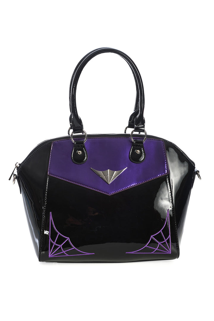Black and purple handbag with spider web designs on a white background