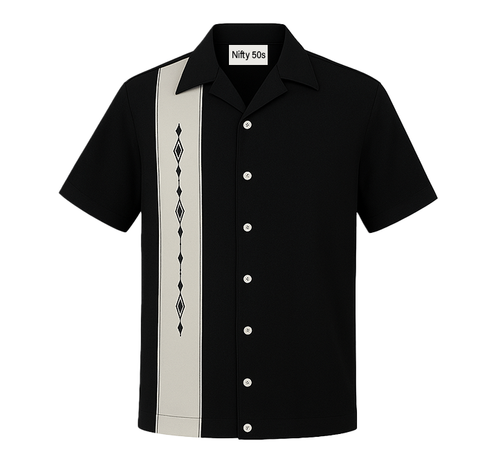 Black White Havana Diamond Design Bowling Shirt - Nifty50's Retro Men's