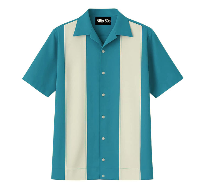 Aqua and cream striped shirt with 'Nifty 50s' label on a white background