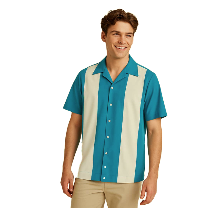 Man wearing a Aqua and cream striped shirt on a white background