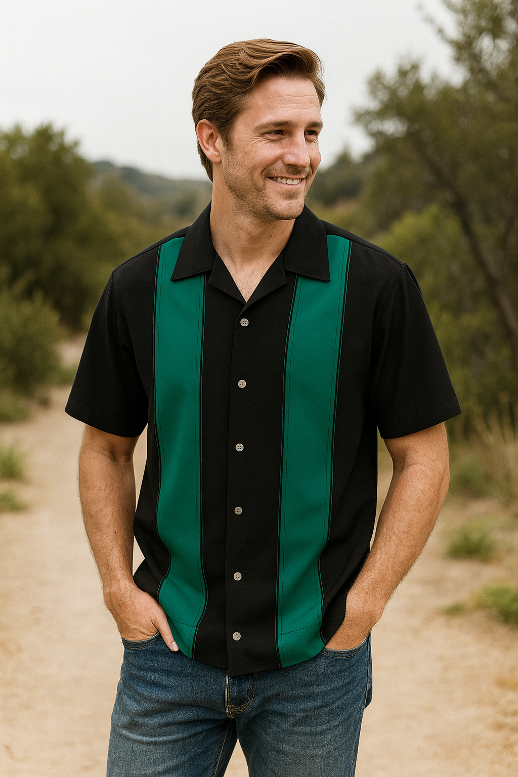 Man wearing a black and green striped shirt outdoors with trees in the background