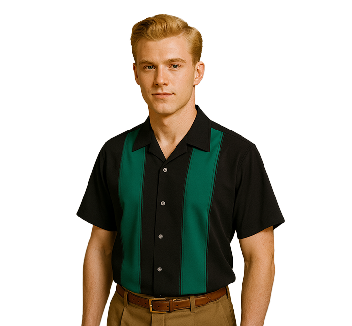 Man wearing a black and green striped shirt on a white background