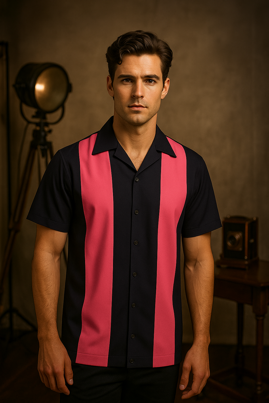 Man wearing a black and pink striped shirt in a studio setting with lighting equipment.