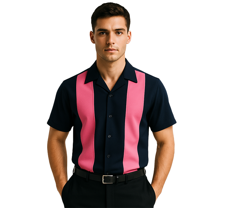 Man wearing a black and pink striped shirt on a white background